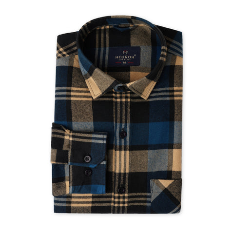 Beige & Blue Tartan Checked Flannel Shirt