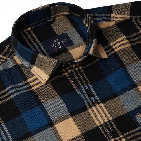 Beige & Blue Tartan Checked Flannel Shirt