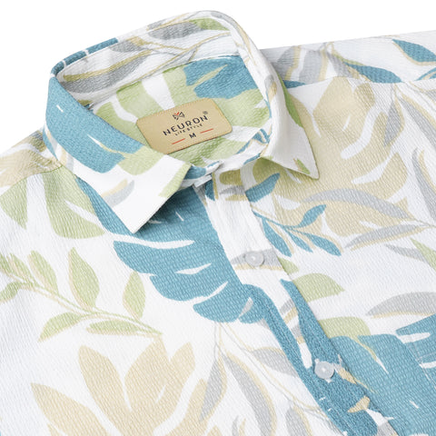 Popcorn Teal Blue Leaf Half Sleeves Printed Shirt