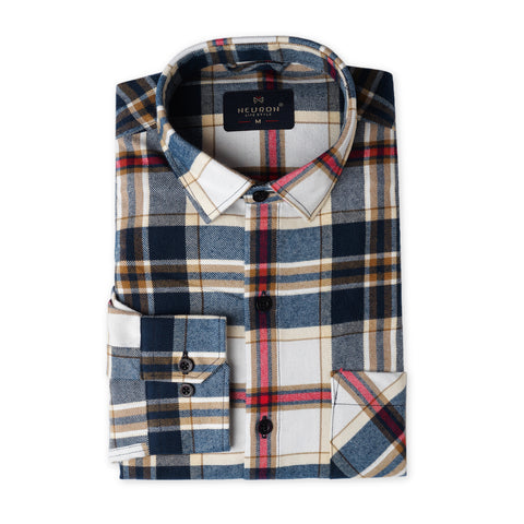 Cream & Navy Blue Tartan Checked Flannel Shirt