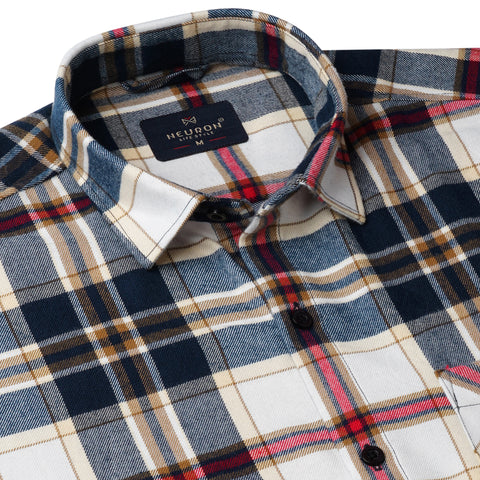Cream & Navy Blue Tartan Checked Flannel Shirt