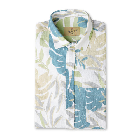Popcorn Teal Blue Leaf Half Sleeves Printed Shirt
