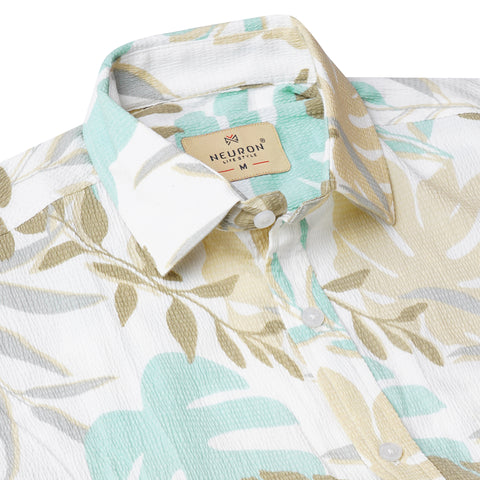 Popcorn Brown Leaf Half Sleeves Printed Shirt