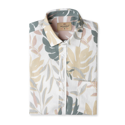 Popcorn Bottle Green Leaf Half Sleeves Printed Shirt