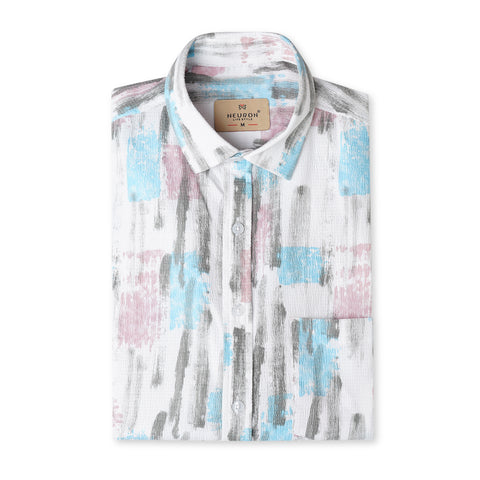 ABSTRACT BLUE HALF SLEEVES POPCORN SHIRT
