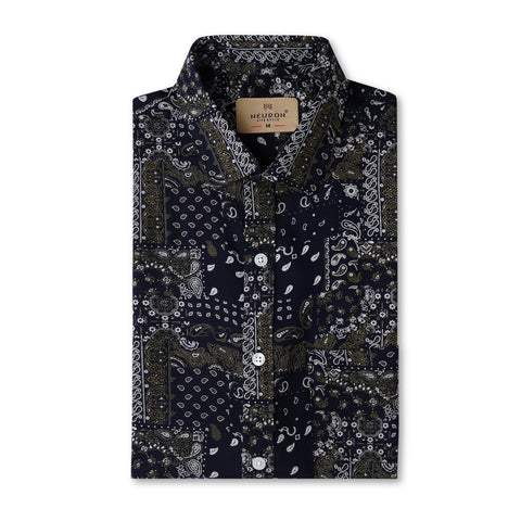 Men Navy & Gold Half Sleeves Printed Shirt