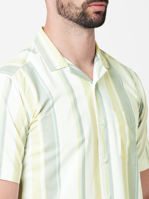 MEN STRIPED CREAM AND GREY CO-ORD SET