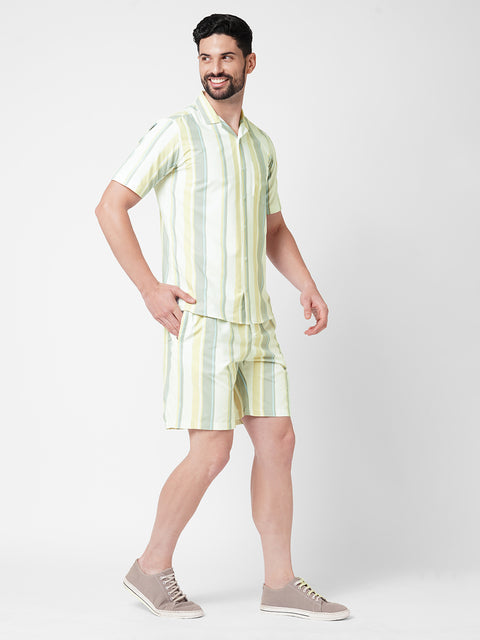 MEN STRIPED CREAM AND GREY CO-ORD SET