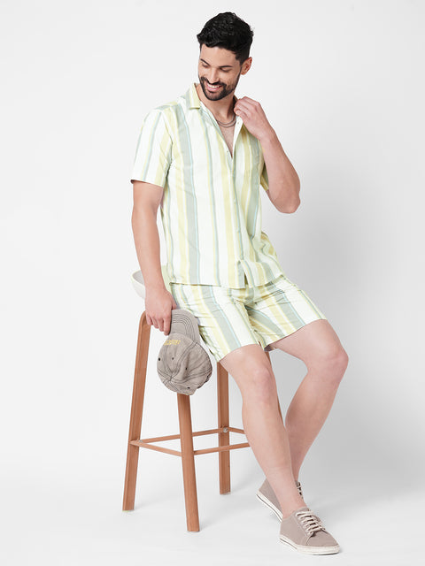 MEN STRIPED CREAM AND GREY CO-ORD SET