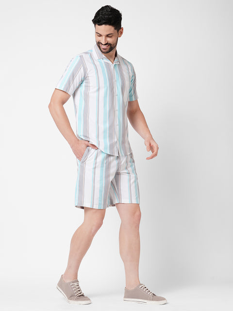 MEN STRIPED GREEN AND GREY CO-ORD SET
