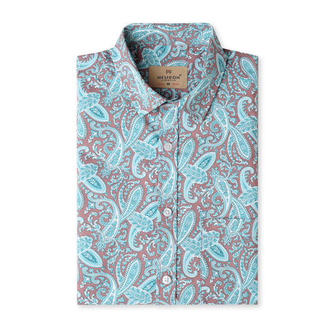 LEAF BROWN & SKY HALF SLEEVES PRINTED SHIRT