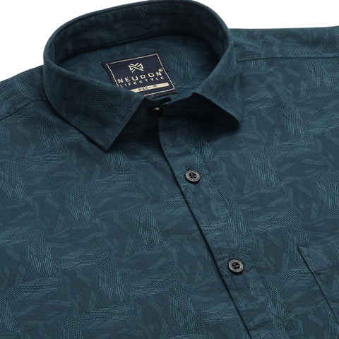 Men Peacock Blue Printed Full Sleeve Shirt