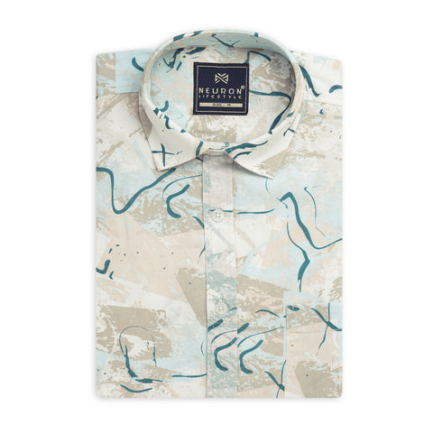 Men White and Brown Printed Half Sleeves Shirt