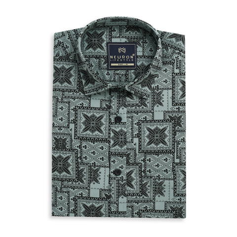 Black And Green Floral Half Sleeves Shirt
