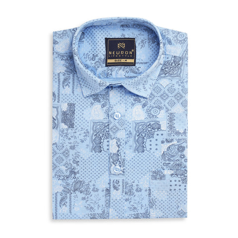 Powder Blue Printed Half Sleeves Shirt