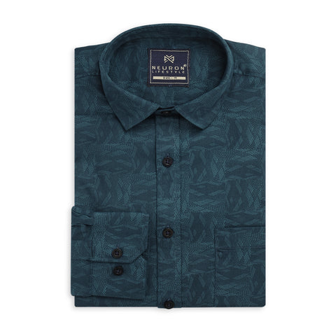 Men Peacock Blue Printed Full Sleeve Shirt