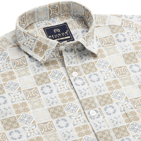 Men Brown & White Printed Half Sleeves Shirt