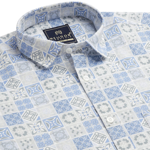 Men Blue & White Printed Half Sleeves Shirt