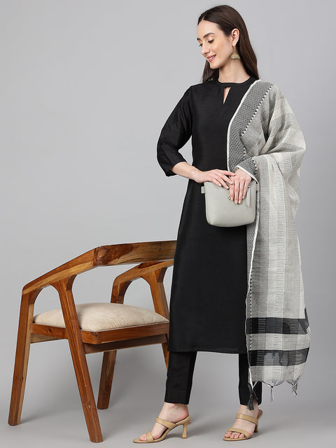 Women's Black Crepe Silk Solid Kurta with Pant and Dupatta (Set1223)