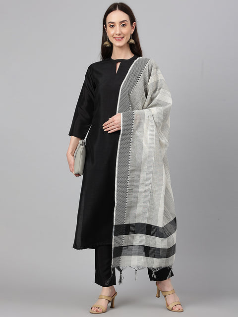 Women's Black Crepe Silk Solid Kurta with Pant and Dupatta (Set1223)