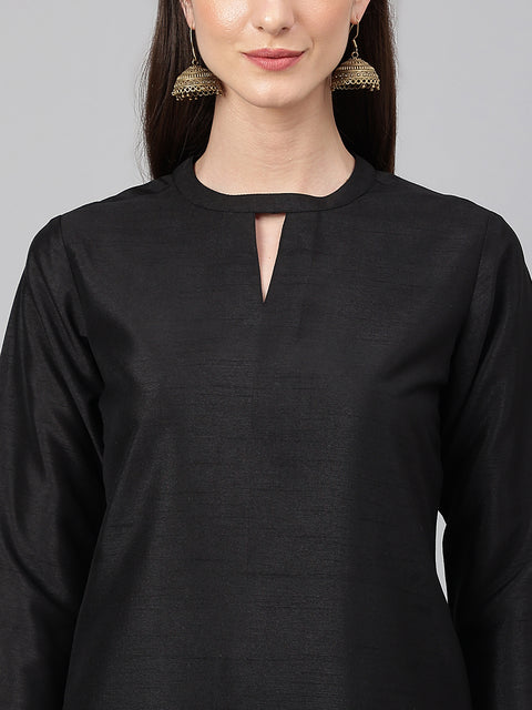 Women's Black Crepe Silk Solid Kurta with Pant and Dupatta (Set1223)