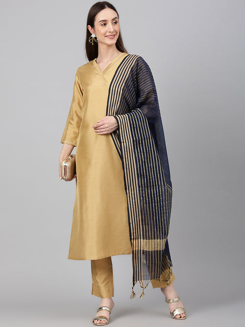 Women Gold Crepe Silk Solid Kurta with Pant and Dupatta (Set1-225)