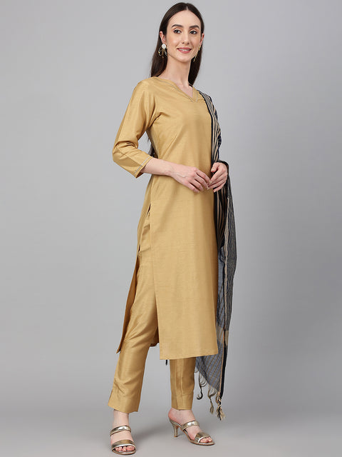 Women Gold Crepe Silk Solid Kurta with Pant and Dupatta (Set1-225)