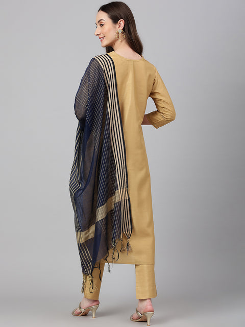 Women Gold Crepe Silk Solid Kurta with Pant and Dupatta (Set1-225)