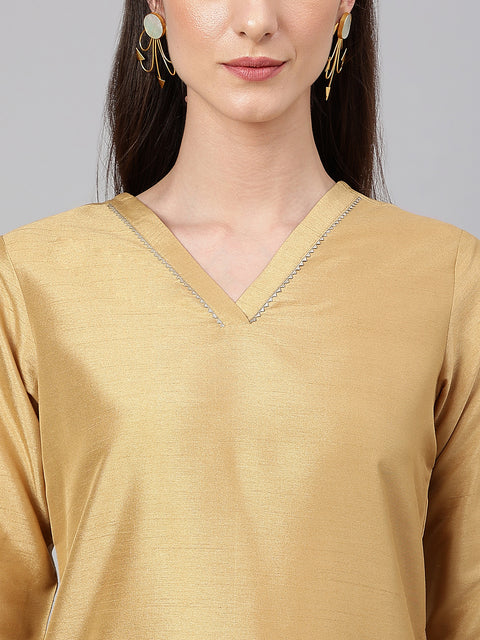 Women Gold Crepe Silk Solid Kurta with Pant and Dupatta (Set1-225)
