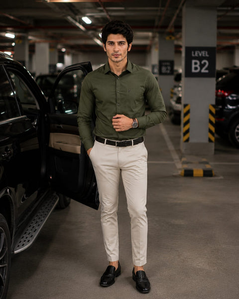 Men Olive Green Solid Cotton Shirt