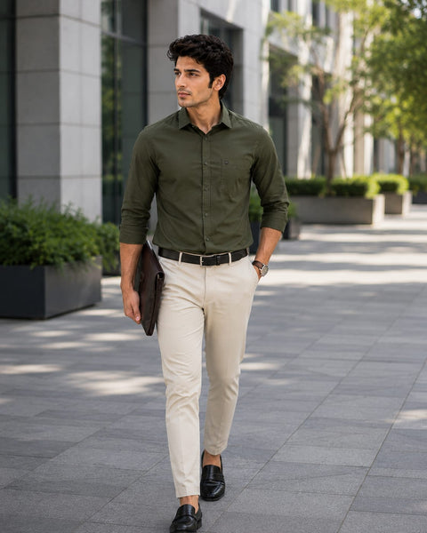 Men Olive Green Solid Cotton Shirt