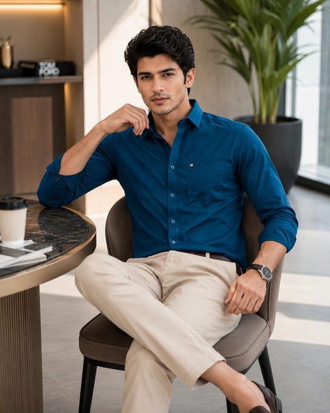 Men Royal Blue Solid Cotton Shirt