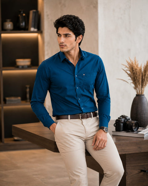 Men Royal Blue Solid Cotton Shirt