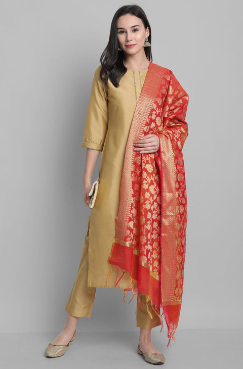 Women Gold Solid Kurta with Trousers & Dupatta (Set264)