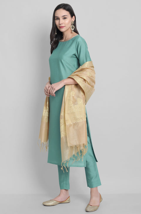 Women Green Solid Straight Kurta & Trousers With Dupatta (Set269)