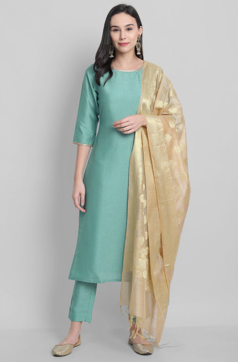 Women Green Solid Straight Kurta & Trousers With Dupatta (Set269)