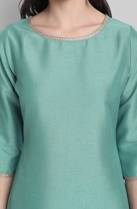 Women Green Solid Straight Kurta & Trousers With Dupatta (Set269)