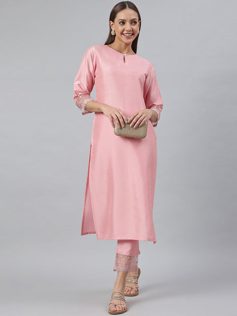 Women Poly Silk Sheer Straight Kurta with Trousers (SET357-KR-NP)