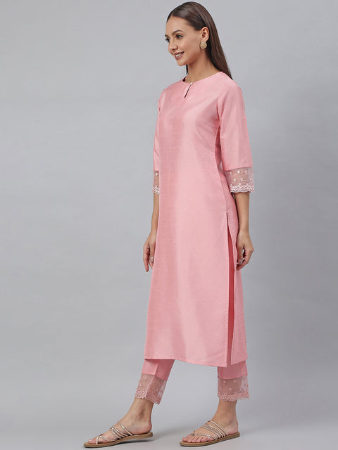 Women Poly Silk Sheer Straight Kurta with Trousers (SET357-KR-NP)