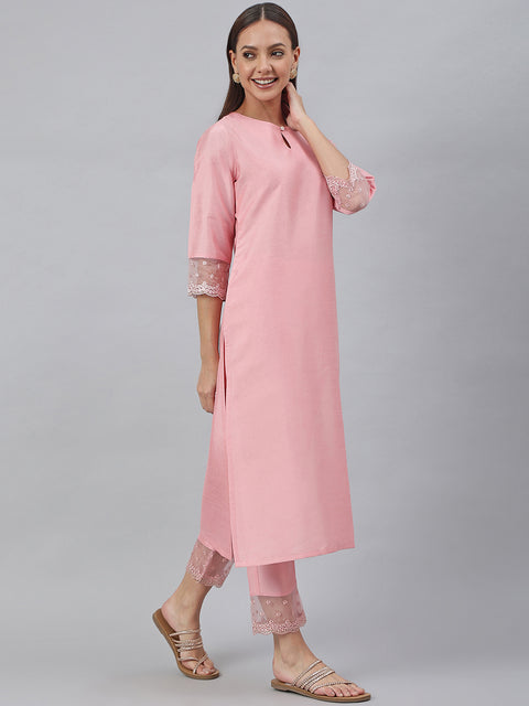 Women Poly Silk Sheer Straight Kurta with Trousers (SET357-KR-NP)
