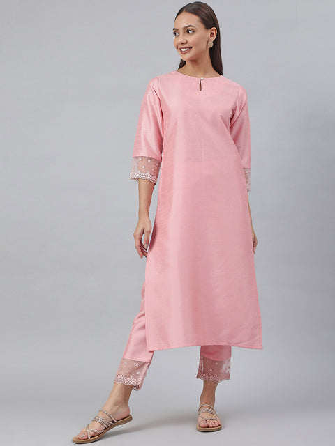 Women Poly Silk Sheer Straight Kurta with Trousers (SET357-KR-NP)