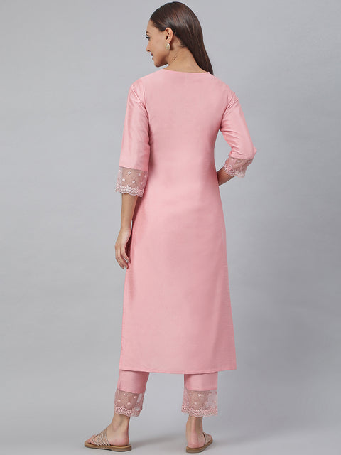 Women Poly Silk Sheer Straight Kurta with Trousers (SET357-KR-NP)