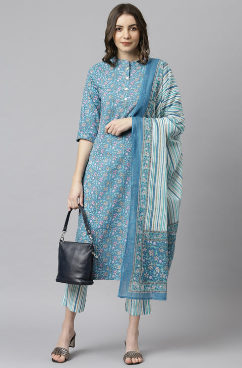 Women Blue Cotton Floral Print Kurta with Pant and Dupatta (Set393)