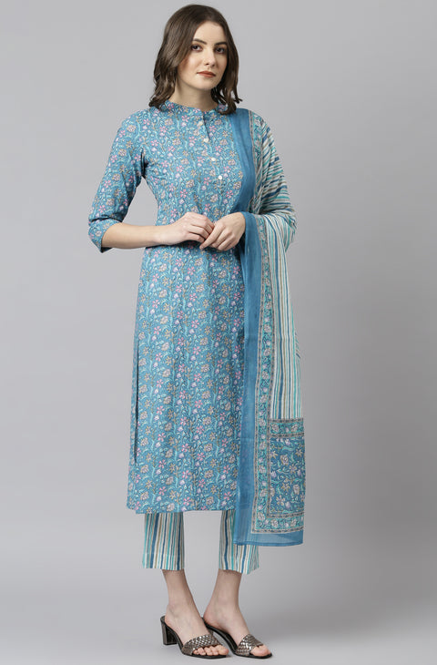 Women Blue Cotton Floral Print Kurta with Pant and Dupatta (Set393)