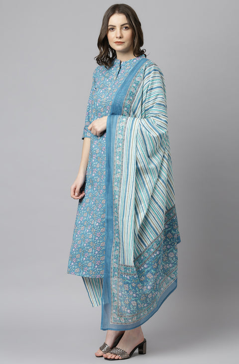 Women Blue Cotton Floral Print Kurta with Pant and Dupatta (Set393)