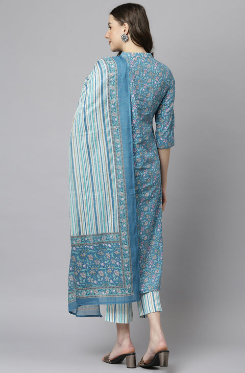 Women Blue Cotton Floral Print Kurta with Pant and Dupatta (Set393)