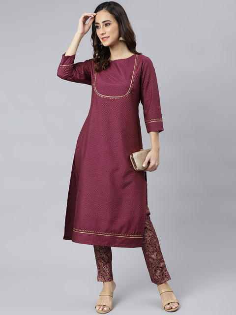 Women Maroon Foil Print Kurta with Trousers (Set488)