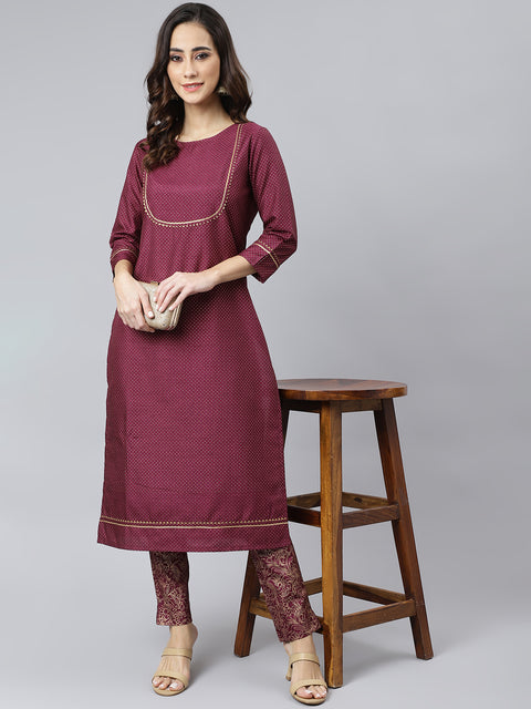 Women Maroon Foil Print Kurta with Trousers (Set488)