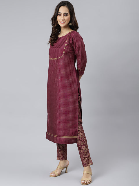 Women Maroon Foil Print Kurta with Trousers (Set488)