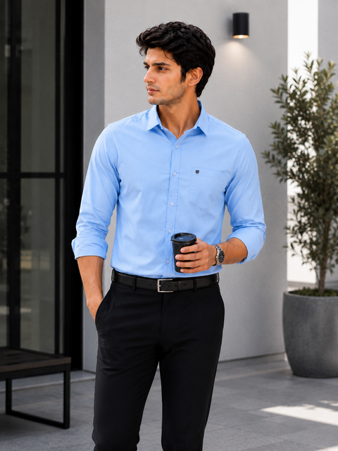 Men Sky Blue Solid Cotton Shirt
